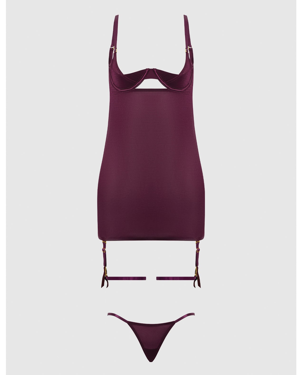 Yasmine Shimmer Mesh O-Ring Thigh Garter Chemise & G-String Set - Burgundy XL