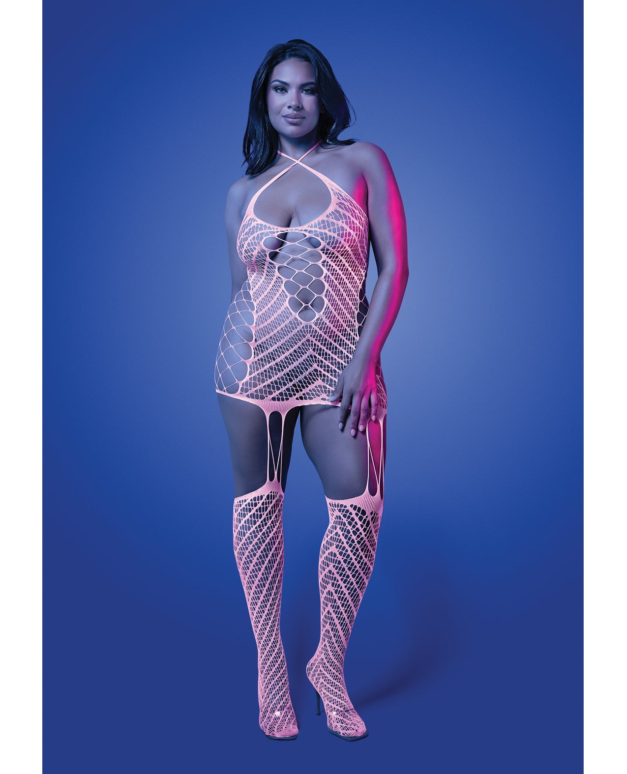 Metamorphic Glow-in-the-Dark Bodystocking Dress; Glows Pink - White QN