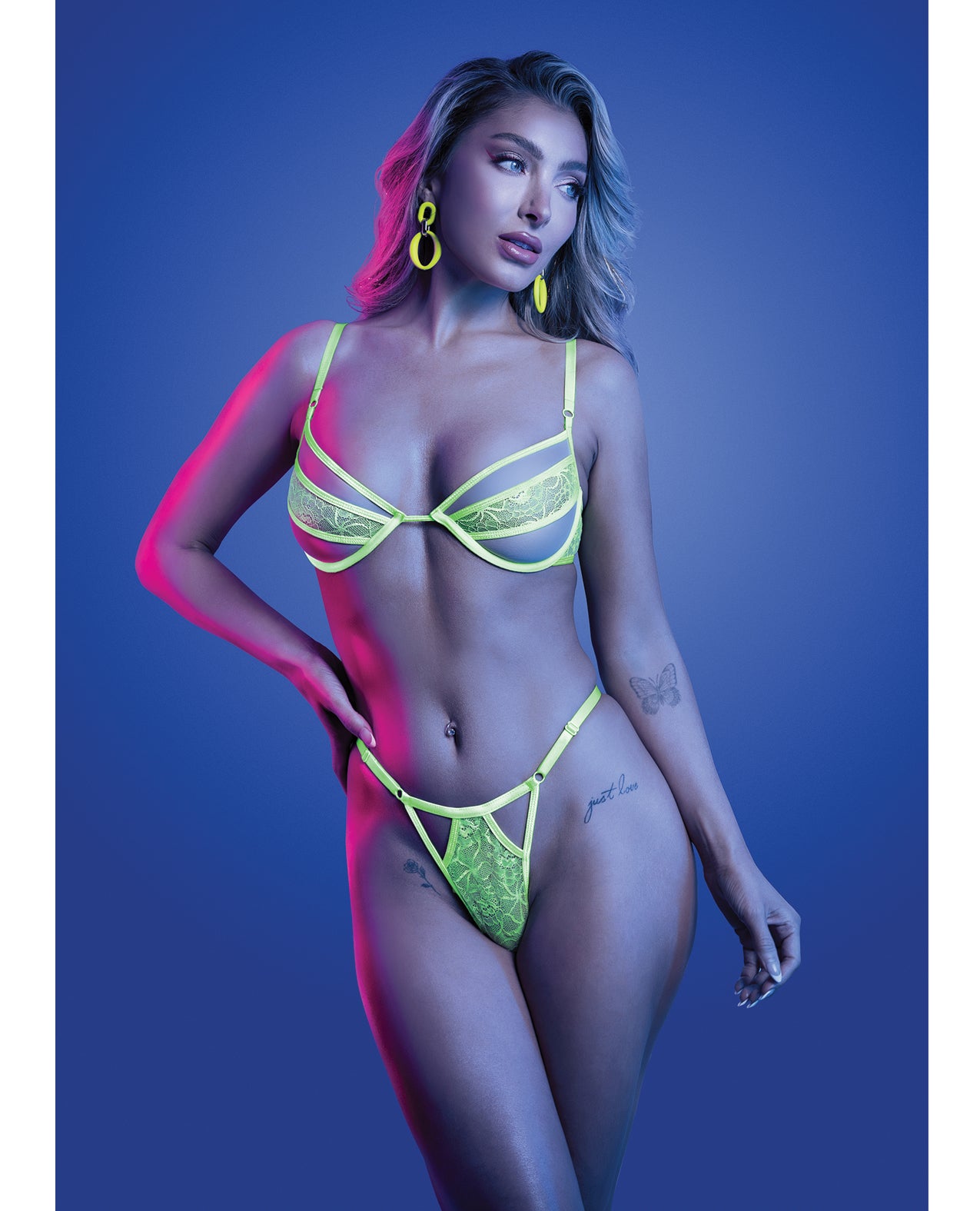 Mind Control UV Reactive Lace and Mesh Underwire Bra & Thong - Neon Green M/L
