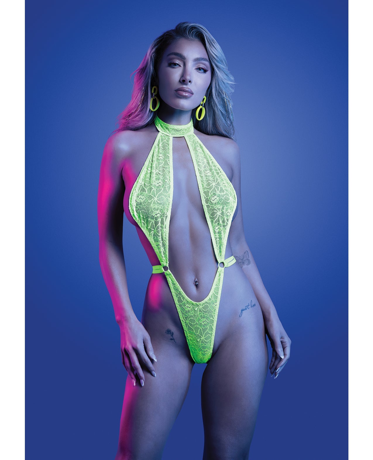 Mind Control UV Reactive Lace Halter Teddy - Neon Green M/L