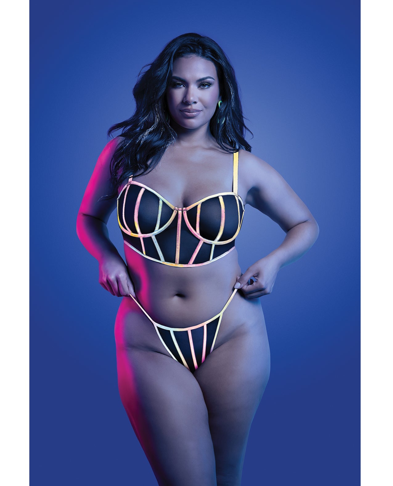 Solar Flare Flash Reflective Binding Underwire Bra & Thong - Black QN