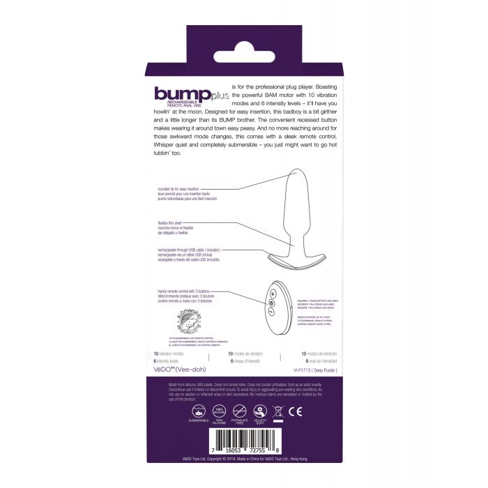 VeDO Bump Plus Rechargeable Remote Control Anal Vibe - Deep Purple