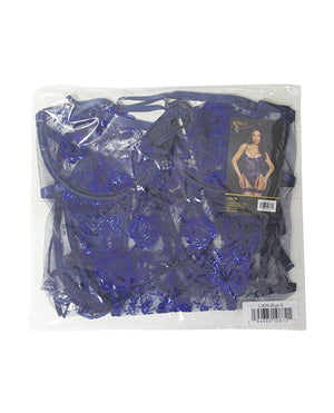 Garden Of Eden Metallic Embroidery And Sheer Mesh Garter Teddy - Navy