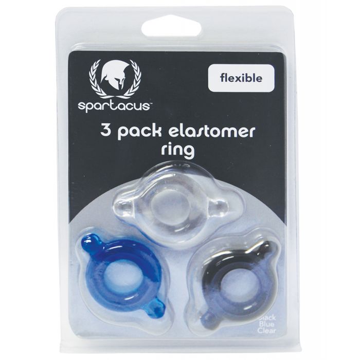 Spartacus Elastomer Cock Ring Set - Black, Blue & Clear Pack of 3