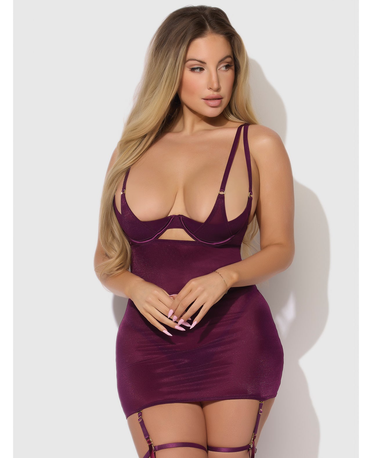 Yasmine Shimmer Mesh O-Ring Thigh Garter Chemise & G-String Set - Burgundy 3X/4X