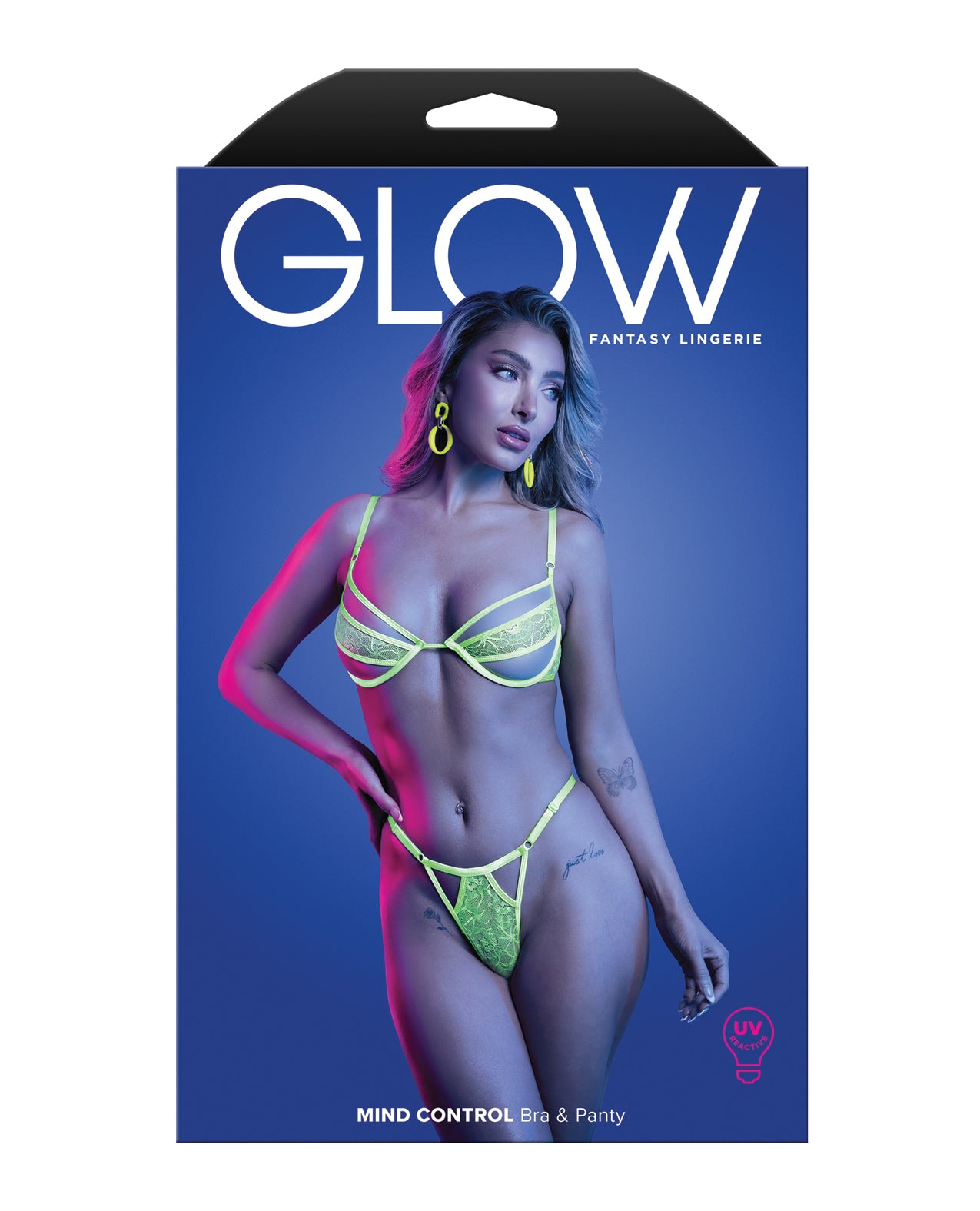 Mind Control UV Reactive Lace and Mesh Underwire Bra & Thong - Neon Green S/M