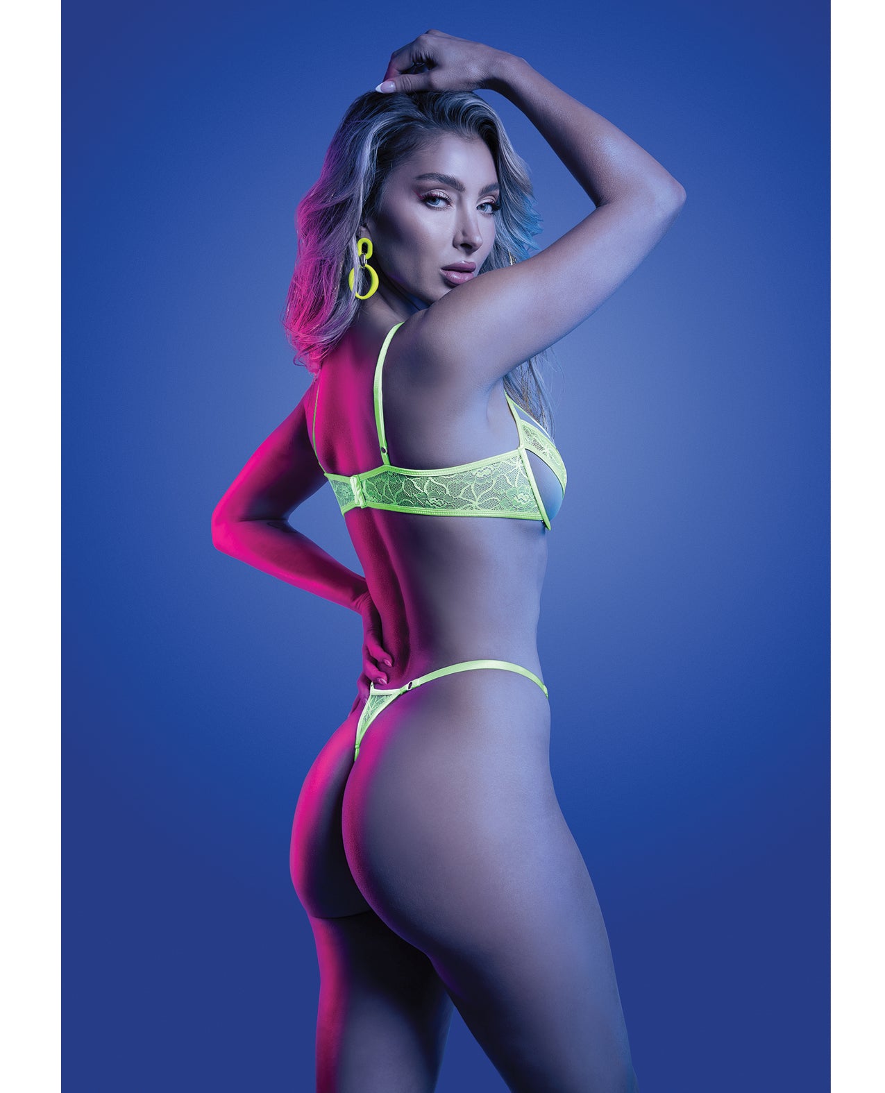 Mind Control UV Reactive Lace and Mesh Underwire Bra & Thong - Neon Green M/L