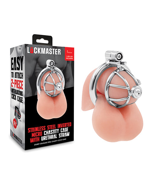 Lockmaster Stainless Steel Inverted Micro Chastity Cage w/Urethral Straw - Silver