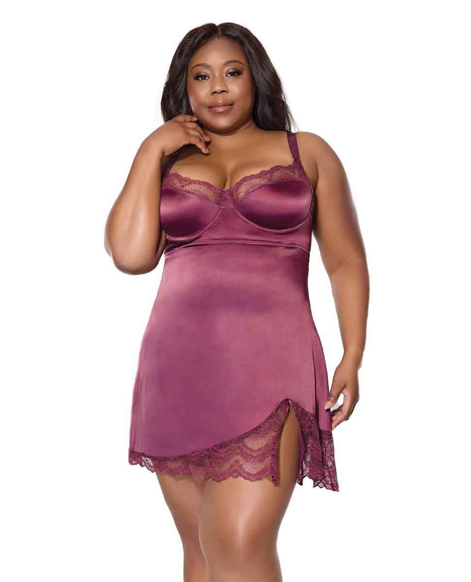 Scallop Lace Trimmed Stretch Satin Chemise w/Underwire Cups - Mauve Plum 1X/2X