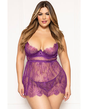 Floral Eyelash Lace Underwire Babydoll W/Thong 2 Pc Set - Purple