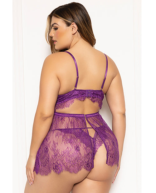 Floral Eyelash Lace Underwire Babydoll W/Thong 2 Pc Set - Purple