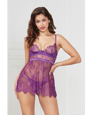 Floral Eyelash Lace Underwire Babydoll W/Thong 2 Pc Set - Purple