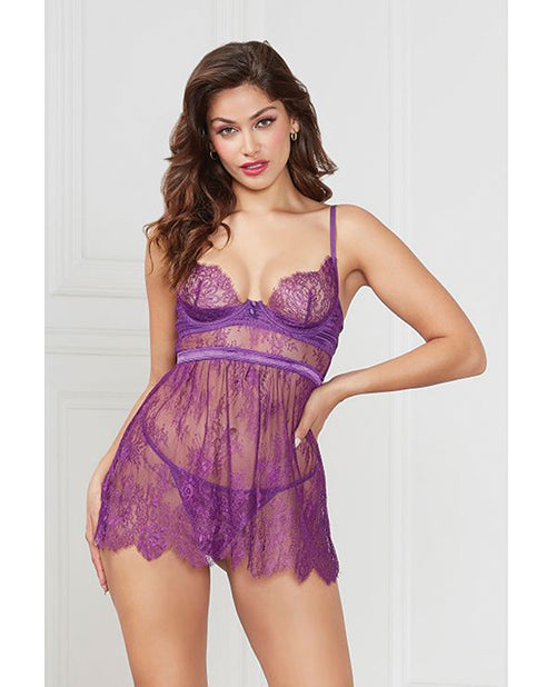 Floral Eyelash Lace Underwire Babydoll W/Thong 2 Pc Set - Purple